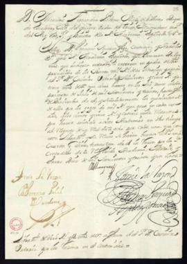 Orden del marqués de Villena de libramiento a favor de Casimiro Ustáriz de 605 reales y 14 marave...