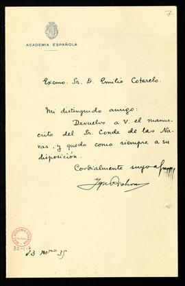 Carta de Ignacio Bolívar a Emilio Cotarelo con la que le devuelve el discurso manuscrito del cond...