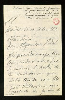 Carta de Jacinto Octavio Picón a Alejandro Pidal en la que le da cuenta de las gestiones realizad...