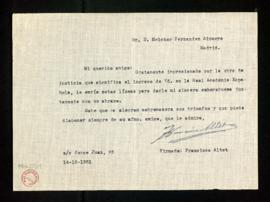 Carta de Francisco Altet a Melchor Fernández Almagro en la que le felicita por su ingreso en la A...