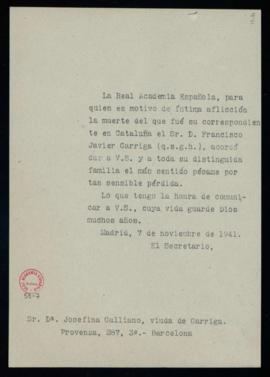 Minuta del oficio de pésame del secretario a Josefina Galliano, por el fallecimiento de su marido...