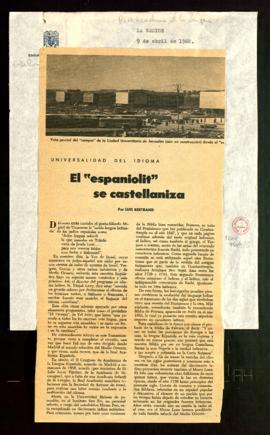 Recorte de La Nación con el artículo de Luis Bertrand titulado El espaniolit se castellaniza
