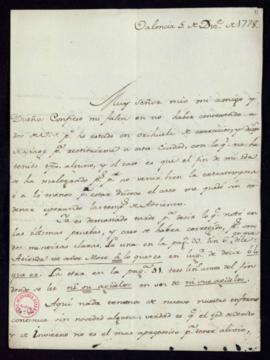 Carta de Pedro de Silva a Man[ue]l de Lardizábal y Uribe en la que se refiere a unas correcciones...