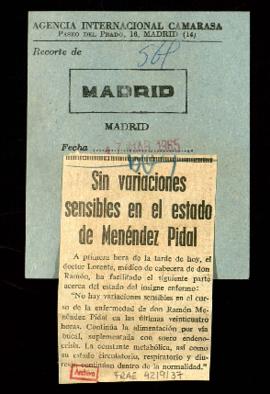 Recorte del diario Madrid con la noticia Sin variaciones sensibles en el estado de Menéndez Pidal