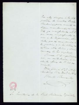 Carta de Vicente Barrantes al secretario [Manuel Tamayo y Baus]  en la que se pone a disposición ...