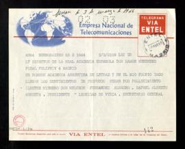 Telegrama de Rafael Alberto Arrieta y de Leónidas de Vedia, presidente y secretario general de la...