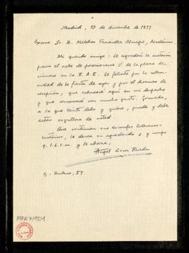 Carta de Ángel Cruz Rueda a Melchor Fernández Almagro en la que le agradece la invitación a su ac...