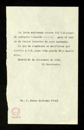 Copia sin firma del oficio del secretario [Emilio Cotarelo] a Ramón Menéndez Pidal de comunicació...