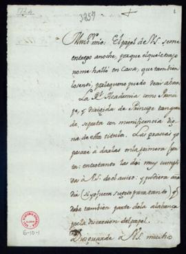 Carta de Juan Interián de Ayala de agradecimiento a Vincencio Squarzafigo por el aviso que le envió