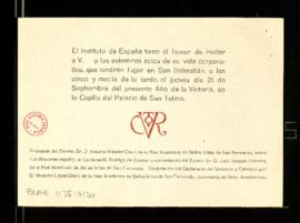 Invitación del Instituto de España a los actos solemnes del 21 de septiembre en la capilla del Pa...