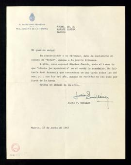 Carta de Julio Guillén, secretario perpetuo de la Real Academia de la Historia, a Rafael Lapesa s...