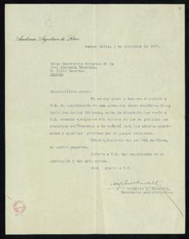 Carta de Virgilio O. Sordelli, secretario administrativo de la Academia Argentina de Letras, a  J...