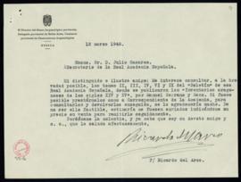 Carta de Ricardo del Arco, director del Museo Arqueológico Provincial de Huesca, a Julio Casares ...