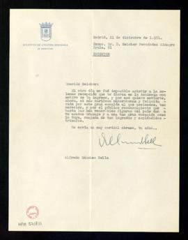 Carta de Alfredo Sánchez Bella, director del Instituto de Cultura Hispánica, a Melchor Fernández ...