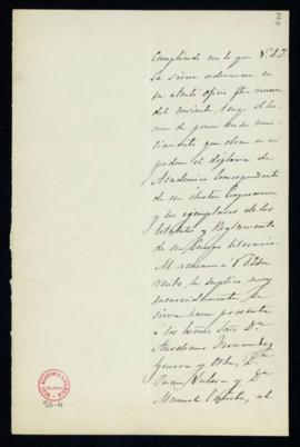 Carta de Leopoldo de Eguílaz al secretario [Manuel Tamayo y Baus] en la que acusa recibo de su no...