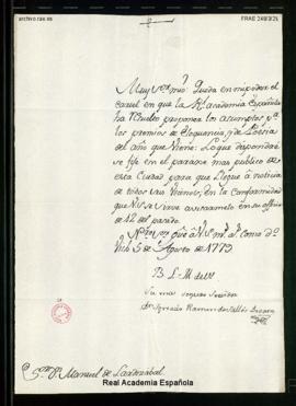 Carta de Ignacio Ramón de Vallés a Manuel de Lardizábal [y Uribe] en la que le comunica que está ...