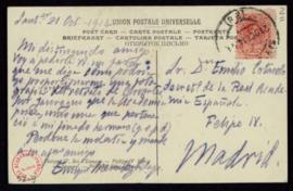 Tarjeta postal de Enrique Menéndez Pelayo a Emilio Cotarelo en la que le pide que le porporcione ...
