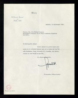 Carta de Florentino Pérez-Embid a Rafael Lapesa en la que lamenta no poder asistir al funeral por...
