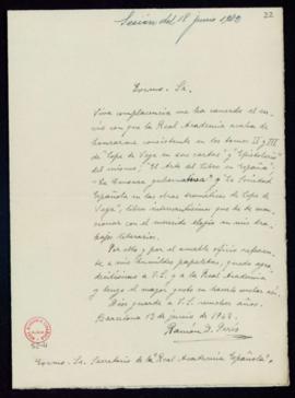 Carta de Ramón D. Perés al secretario en la que acusa recibo de las publicaciones que la Academia...