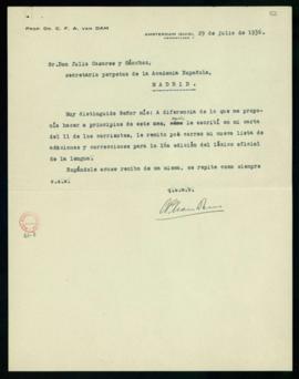 Carta de C. F. Adolf van Dam al secretario en la que le anuncia la remisión de una nueva lista de...