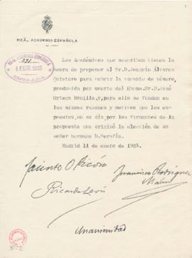 Propuesta de Joaquín Álvarez Quintero para cubrir la vacante de José Ortega y Munilla
