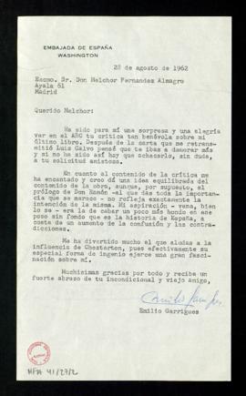Carta de Emilio Garrigues y Díaz-Cañabate a Melchor Fernández Almagro en la que le agradece su cr...