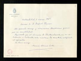 Carta de Narciso Alonso Cortés a Rafael Lapesa para informarle que ha remitido certificado el eje...