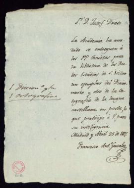 Carta de Francisco Antonio González a José Duaso sobre el acuerdo de la Academia de la entrega a ...