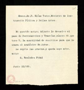 Copia sin firma del oficio de Ramón Menéndez Pidal a Elías Tormo, Ministro de Instrucción Pública...