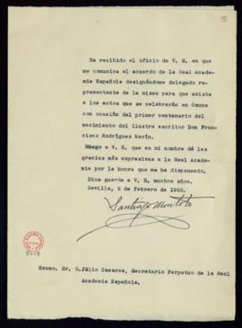 Carta de Santiago Montoto a Julio Casares en la que agradece su designación como su representante...