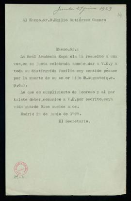 Copia sin firma del oficio de pésame del secretario a Emilio Gutiérrez-Gamero por el fallecimient...