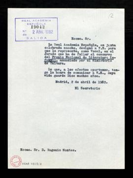 Copia sin firma del oficio del secretario [Alonso Zamora Vicente] a Eugenio Montes, de comunicaci...