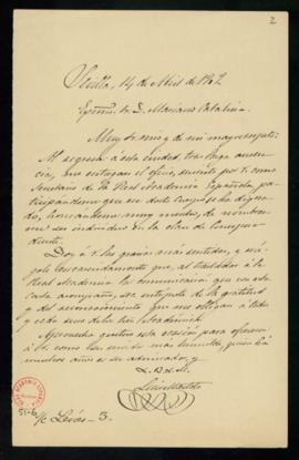 Carta de Luis Montoto a Mariano Catalina en la que acusa recibo de su nombramiento como académico...