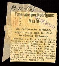 Recorte de prensa del diario Pueblo con la noticia Funerales por Rodríguez Marín. Se celebrarán m...