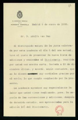 Minuta de la carta de Emilio Cotarelo a C. F. Adolf van Dam en la que le agradece el envío de la ...