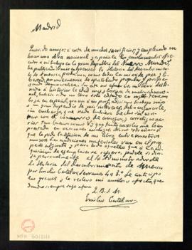 Carta de Emilio Castelar sobre la publicación a sus expensas de su Historia del descubrimiento de...