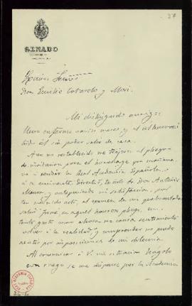 Carta del marqués de Cerralbo al secretario, Emilio Cotarelo y Mori, en la que excusa su asistenc...