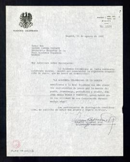 Carta de Horacio Bejarano Díaz, secretario auxiliar de la Academia Colombiana de la Lengua, a Alo...