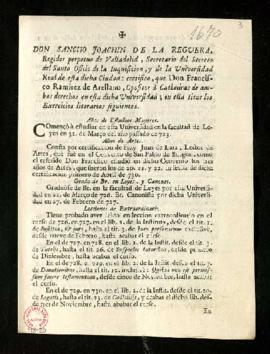 Certificación de Sancho Joaquín de la Reguera de los ejercicios literarios de Francisco Ramírez d...