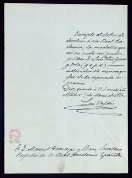 Carta de Luis Valdés a Manuel Tamayo y Baus con la que remite la medalla de su suegro, el difunto...