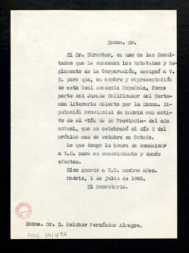 Copia del oficio del secretario [Julio Casares] a Melchor Fernández Almagro para comunicarle que ...