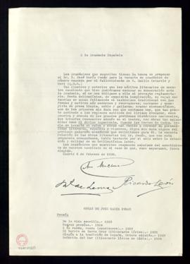 Propuesta firmada por Agustín González de Amezúa, el marqués de Lema y Ricardo León de la candida...