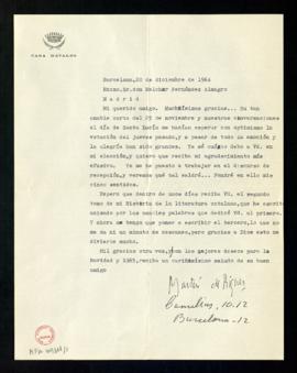 Carta de Martín de Riquer, conde de Casa Dávalos, a Melchor Fernández Almagro en la que le reiter...