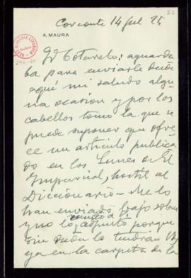 Carta de Antonio Maura a Emilio Cotarelo en la que le avisa de la publicación en Los Lunes del Im...