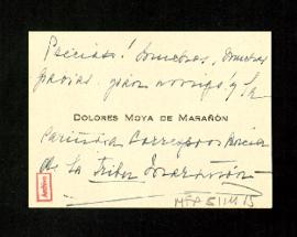 Tarjeta de Dolores Moya de Marañón en la que da las gracias a Melchor Fernández Almagro