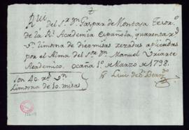 Recibo de Luis de San Bernardo de 40 reales de vellón por diez misas por el alma de Manuel de Uri...