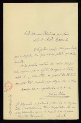 Carta de Julián Ribera a Mariano Catalina, secretario, en la que se excusa por haber llegado tard...