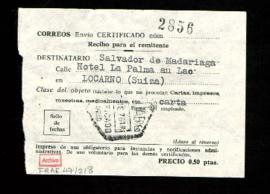 Recibo de carta certificada enviada a Salvador de Madariaga