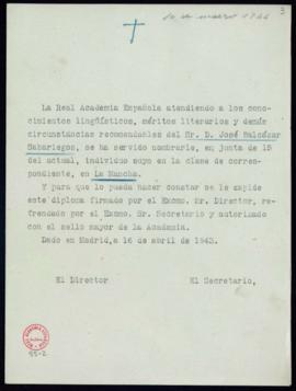 Minuta del diploma de José Balcázar Sabariegos de académico correspondiente en La Mancha