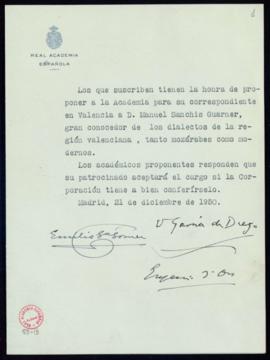 Propuesta de Manuel Sanchis Guarner como académico correspondiente en Valencia